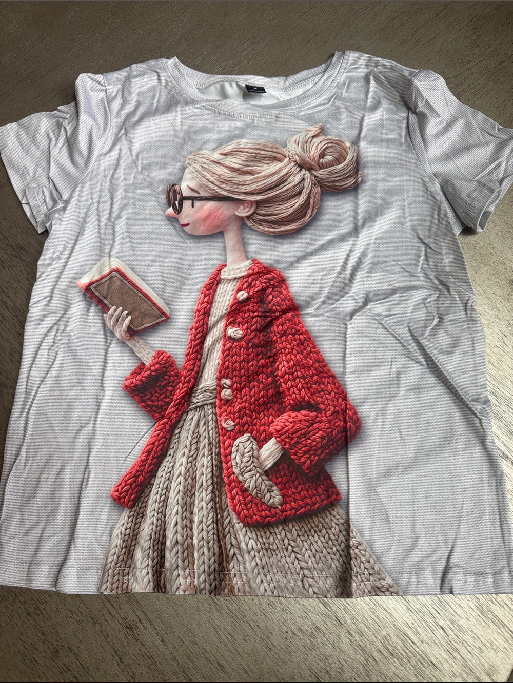 Graphic White Short-Sleeve Tee with Red Knit Jacket Illustration